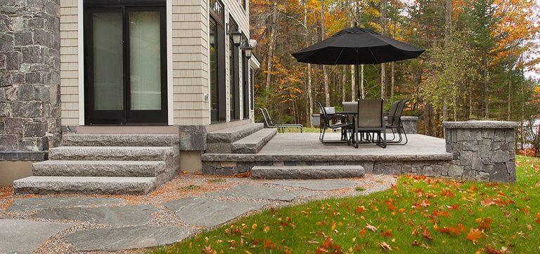 Caledonia granite steps, lakehouse retreat, outdoor living, patio
